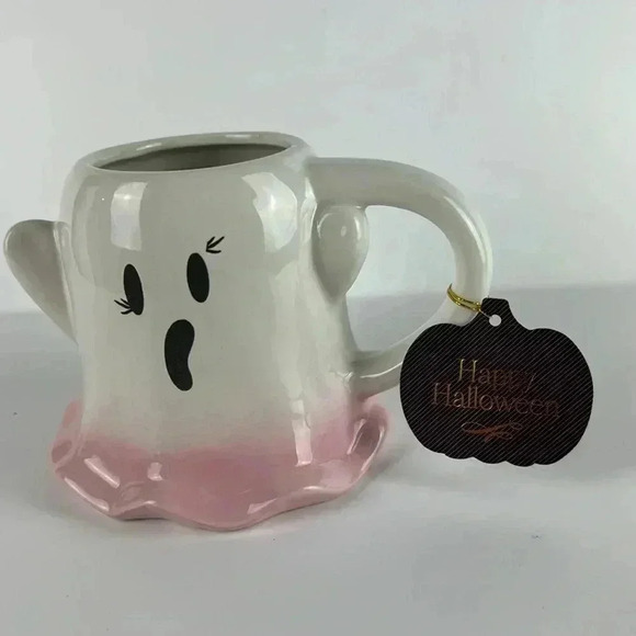 HALLOWEEN GHOST TEA POT MUG WITH PINK RUFFLE BOTTOM VERY CUTE 18 FL OZ BOOOO NWT - Picture 9 of 9
